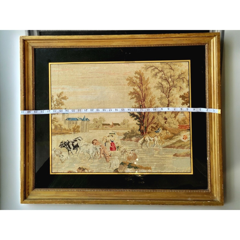 Big Antique Needlepoint Pastoral Scene Framed Picture Cows Horses Maidens Castle